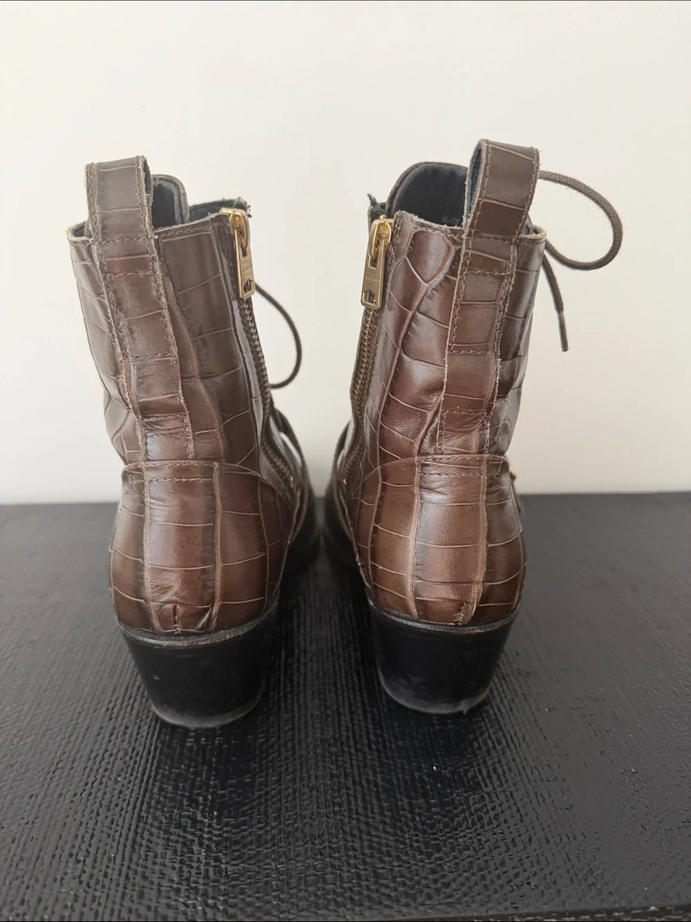 All Saints Brown Croc-Embossed Lace-Up Ankle Booties